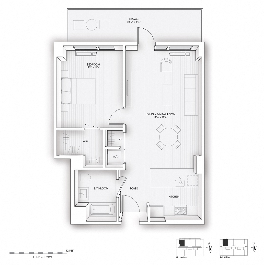 Floor plan for 1 bed, 1 bath, 685 sqft